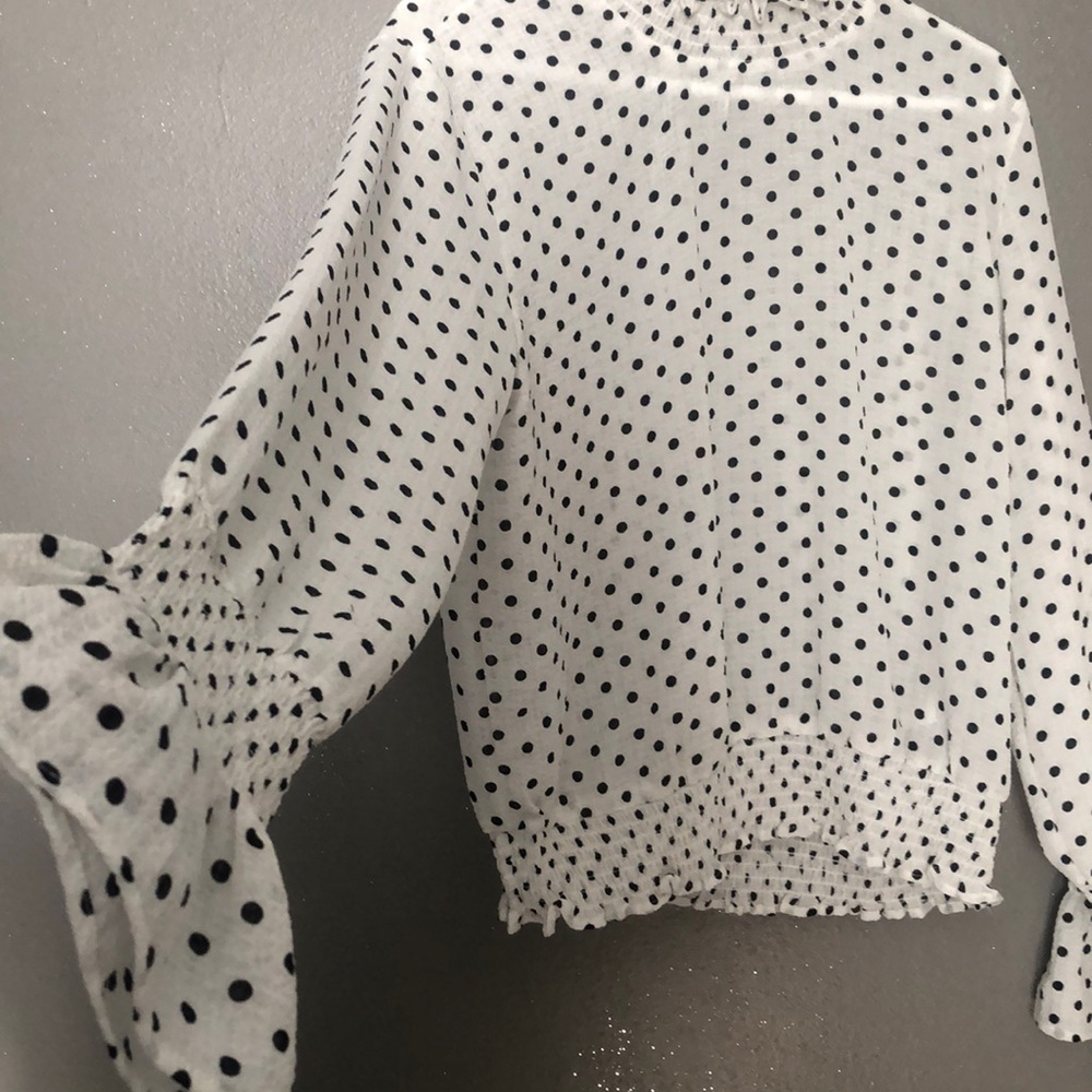 Long-sleeved Polka-Dot Formal top.
